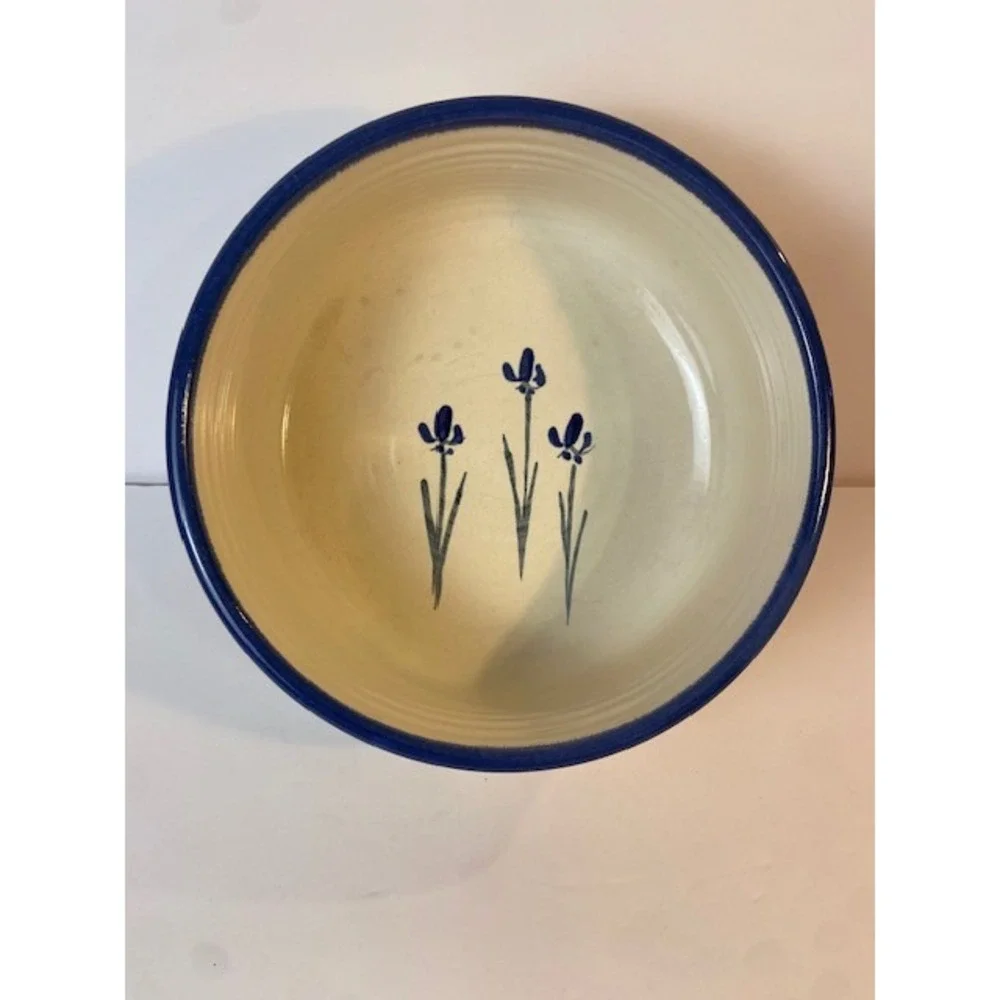 Lynn Gray Signed Studio Pottery Bowl Blue Iris Floral Cobalt Rim Large 9.5 Inch